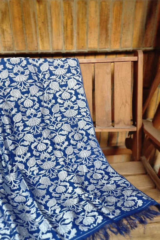 Old Rose Kinkhwab Himroo Shawl White and Blue